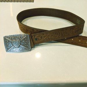Tony Lama Leather Belt w/ Heart Rhinestone Buckle